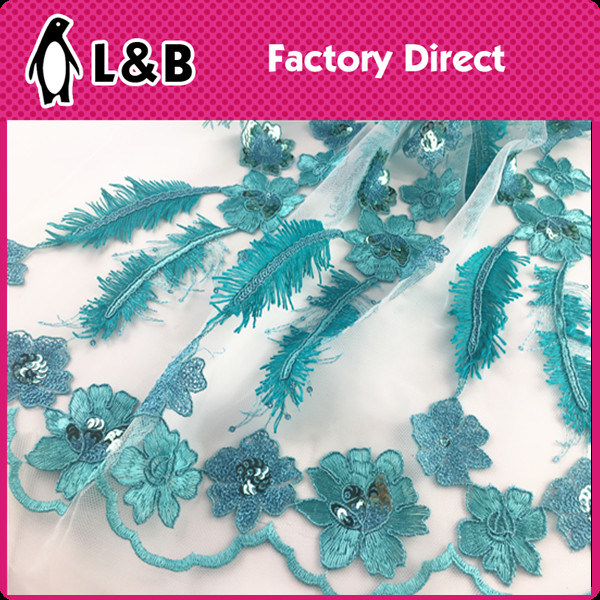 Blue Flower Embroidered Stone Lace Fabric