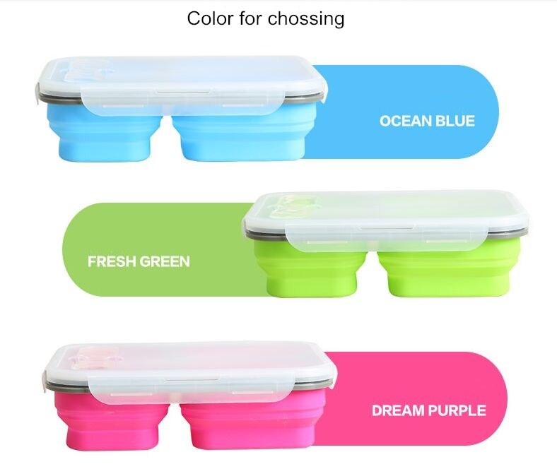 BPA Free 3 Holes Leakproof Foldable Silicone Bento Lunch Box with Fork