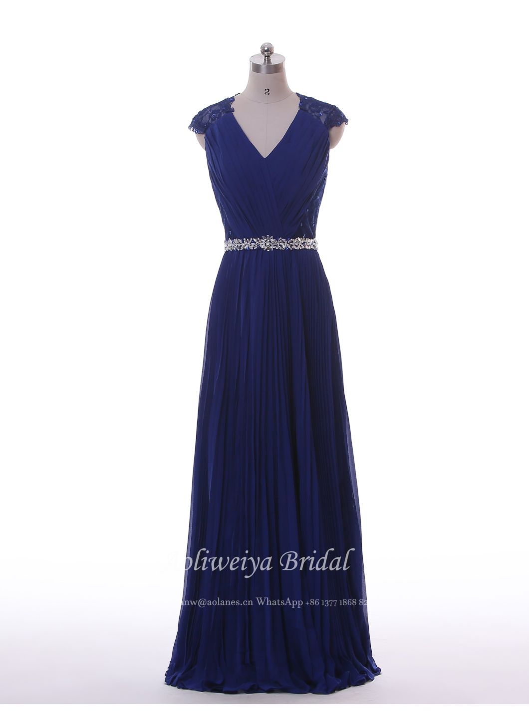 Aolanes Blue Plain Lace Long Thin Belt Party Dress