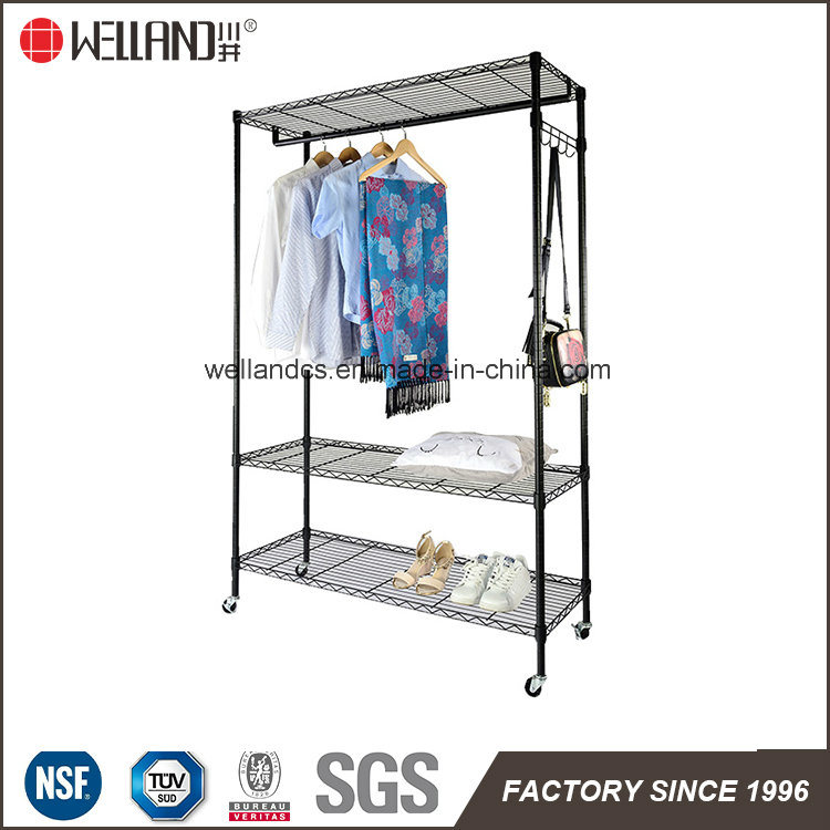 Mobile Adjustable DIY 3 Tiers Black Epoxy Coated Wire Metal Garment Rack Shelf with Hook