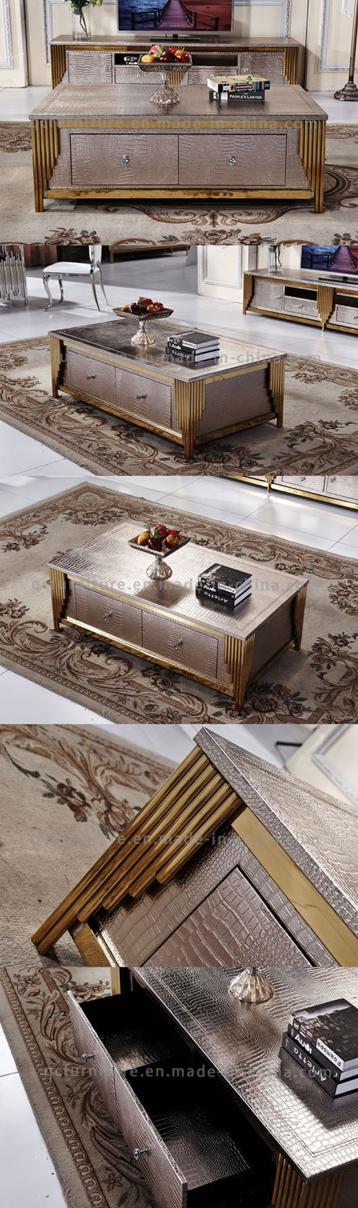 2016 Most Popular Rose Golden Frame Wooden Coffee Table