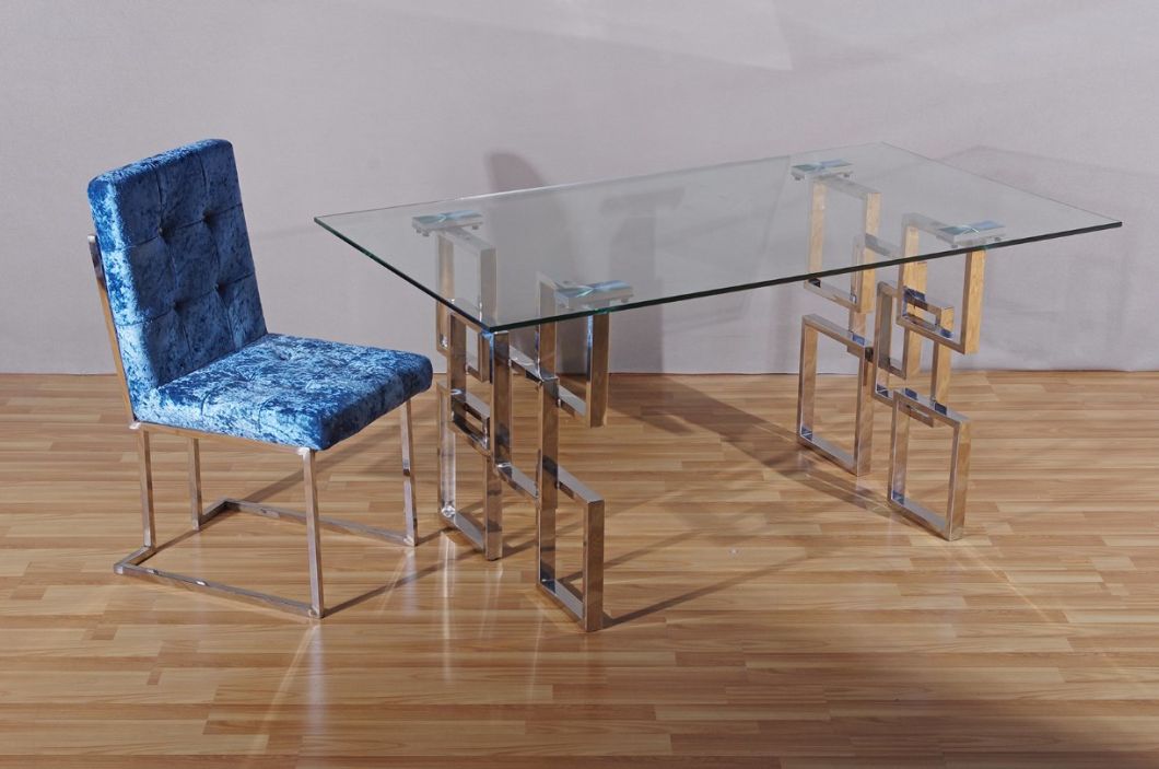 Chinese Style Square Style Tempered Glass Top Stainless Steel Frame Dining Table