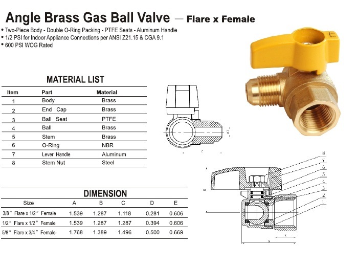 Angle Brass Gas Ball Valve-Flare X Female