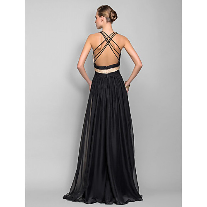 Beautiful Back Color with Block Vintage A-Line V-Neck Formal Evening Dress