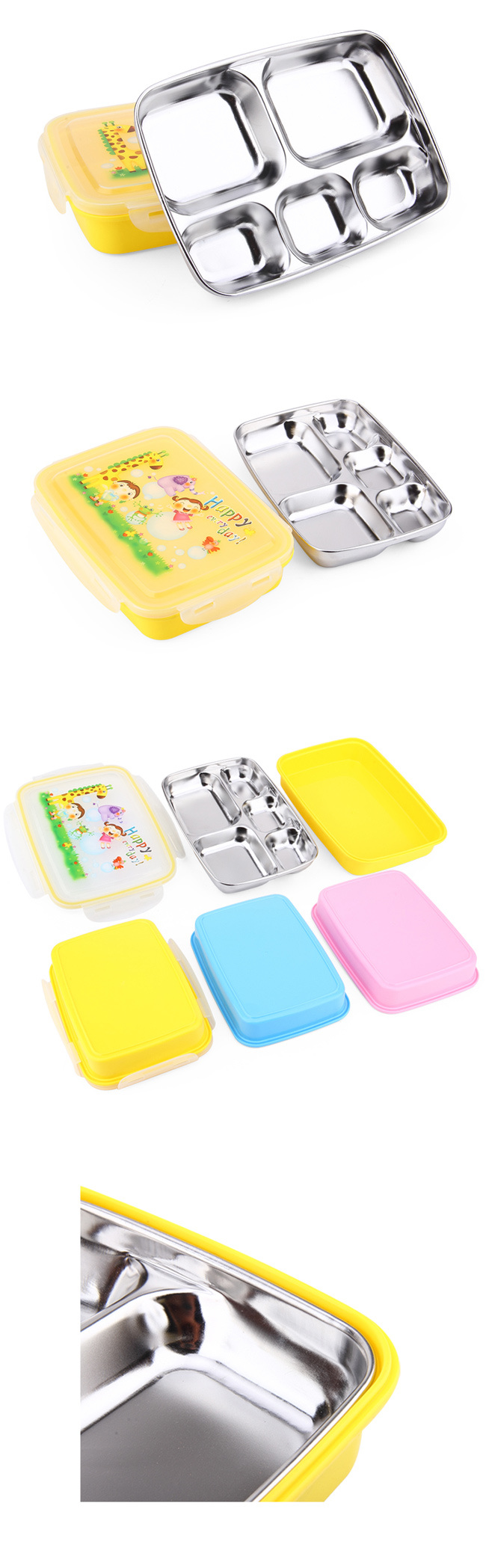 5 Dividers Stainless Steel Colourful Lunch Box Bento for Kids Food Container