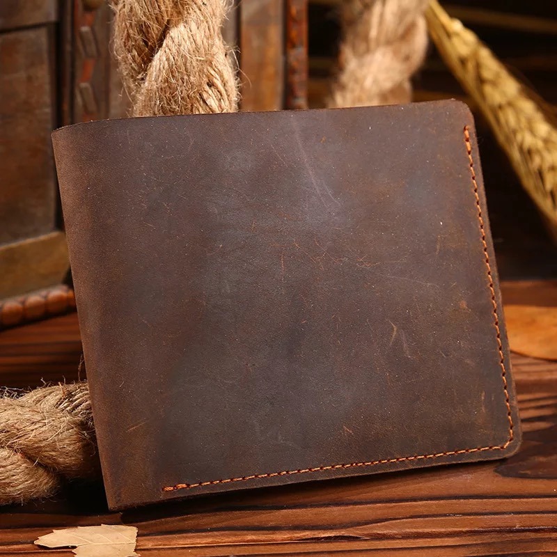 Fashion Mens Top Grain Leather Crazy Horse Leather Slim Wallet