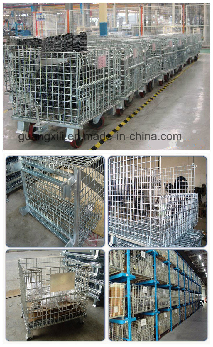 Warehouse Storage Folding Stacking Steel Wire Mesh Container with Casters