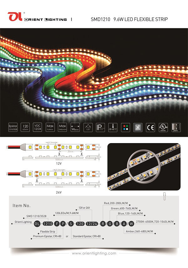 UL Ce SMD3528 1210 120 LEDs 9.6W 6500K IP67 24V Waterproof Outdoor Strip LED