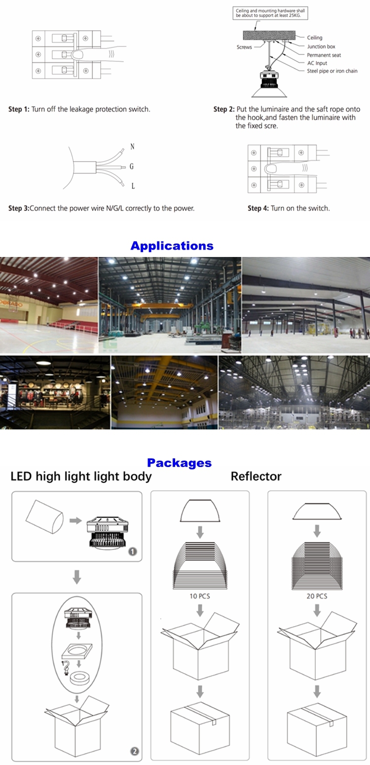 Warehouse Factory Sport Supermarket Marketplace Showroom Gym Office Highbay Lamp 50W 80W 100W 150W 200W LED High Bay Light with Reflector