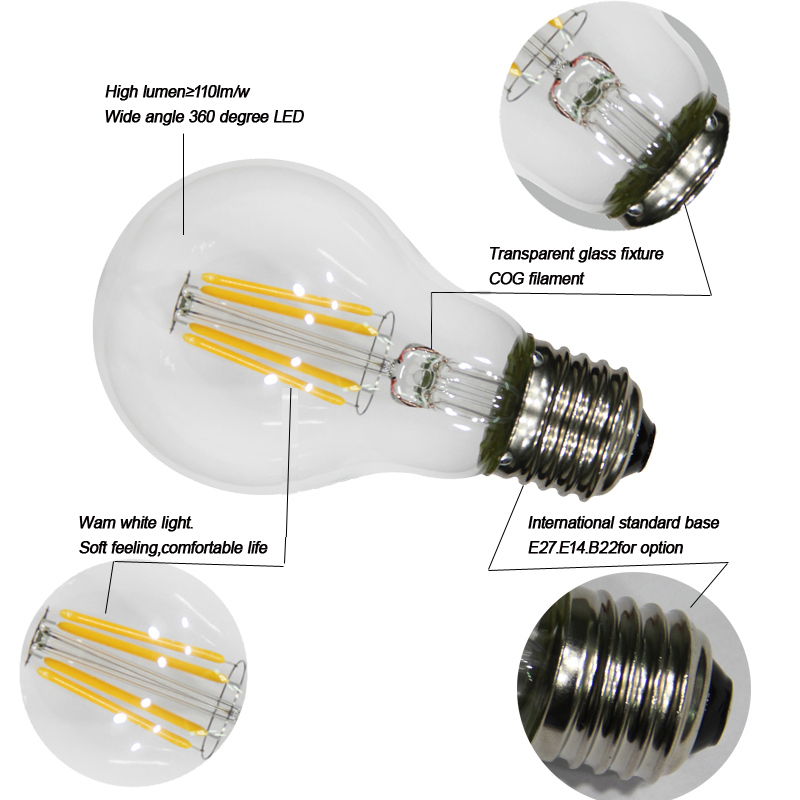 A60 Globe Tybe 8W E27 E26 Base LED Filament Bulb