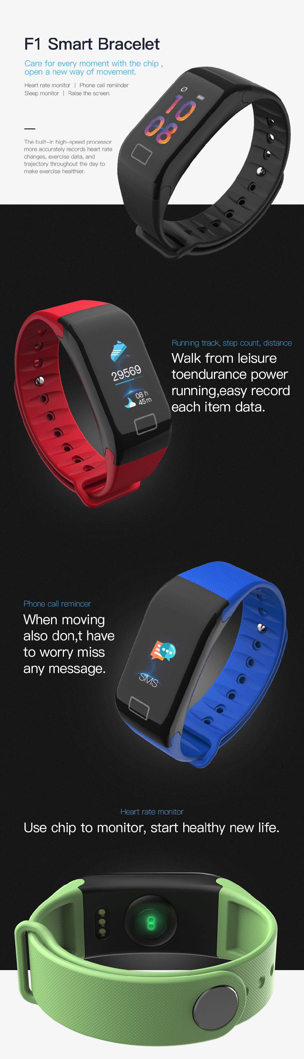 F1plus Color Smart Bracelet F1s Blood Pressure Exercise Heart Rate Oxygen Monitoring R3c