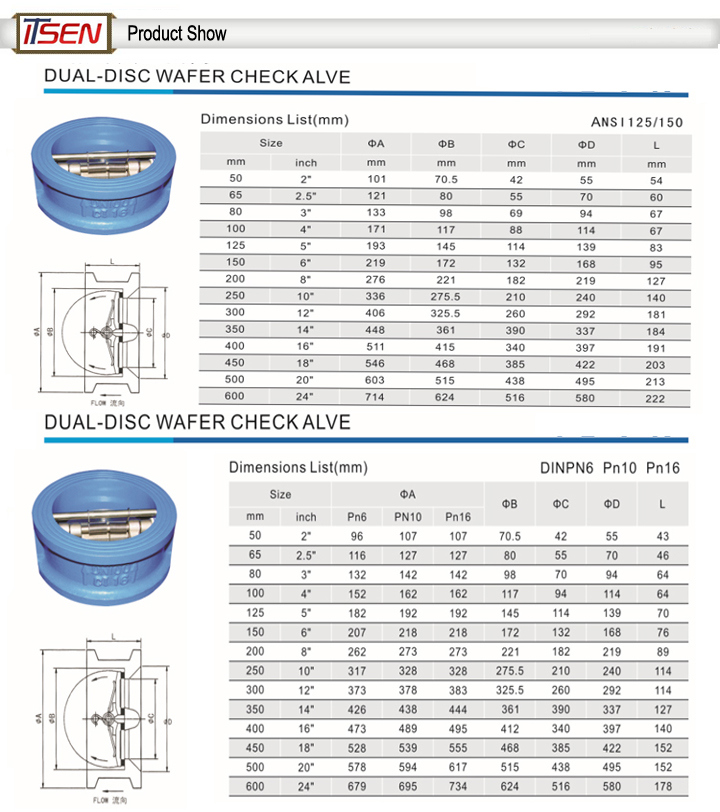 DIN/ANSI Cast/Ductile Iron Dual Plate Wafer Type Check Valve