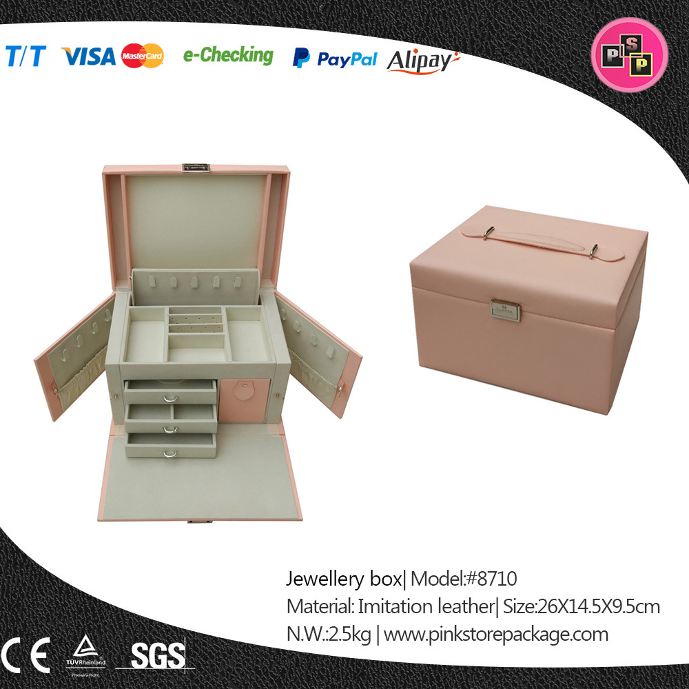 Custom Luxury Pink Large Multi Drawer Faux Leather Jewelry Box (8710)