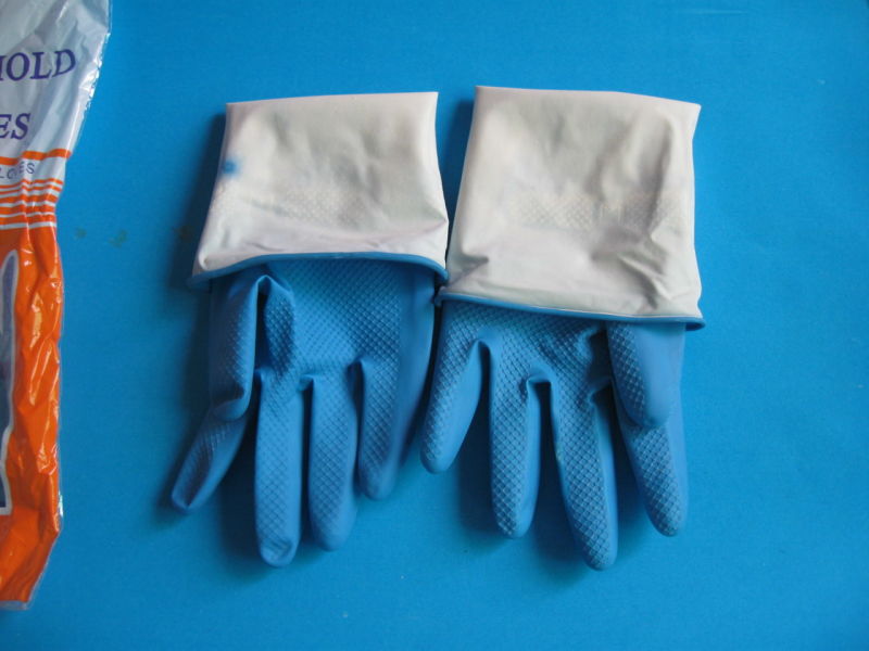 Blue Color Sprayed Flocked Line Latex Household Gloves