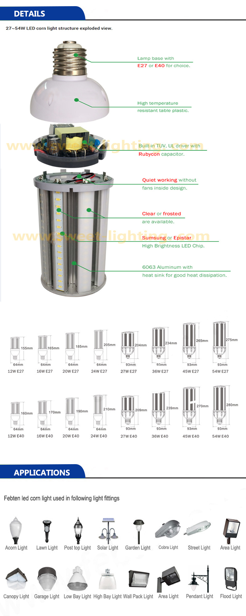 IP65 Newest Design Street Bulb E26/E27/E39/E40 30W/40W/50W/150W/80W/60W/12W Garden LED Corn Light