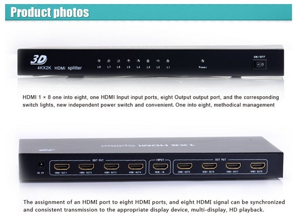 1.4V HDMI Splitter 1X8 for HDTV DVD PS3 Support 4k*2k