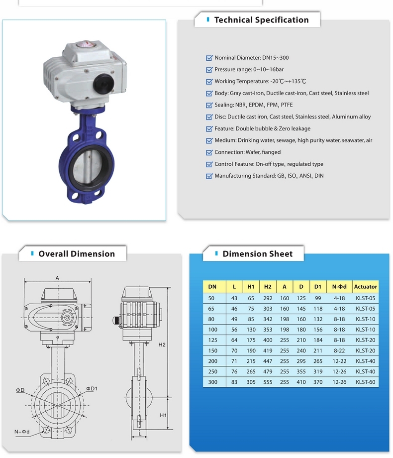 Klqd Brand China Made Rubber Seal Wafer Electric Butterfly Valve