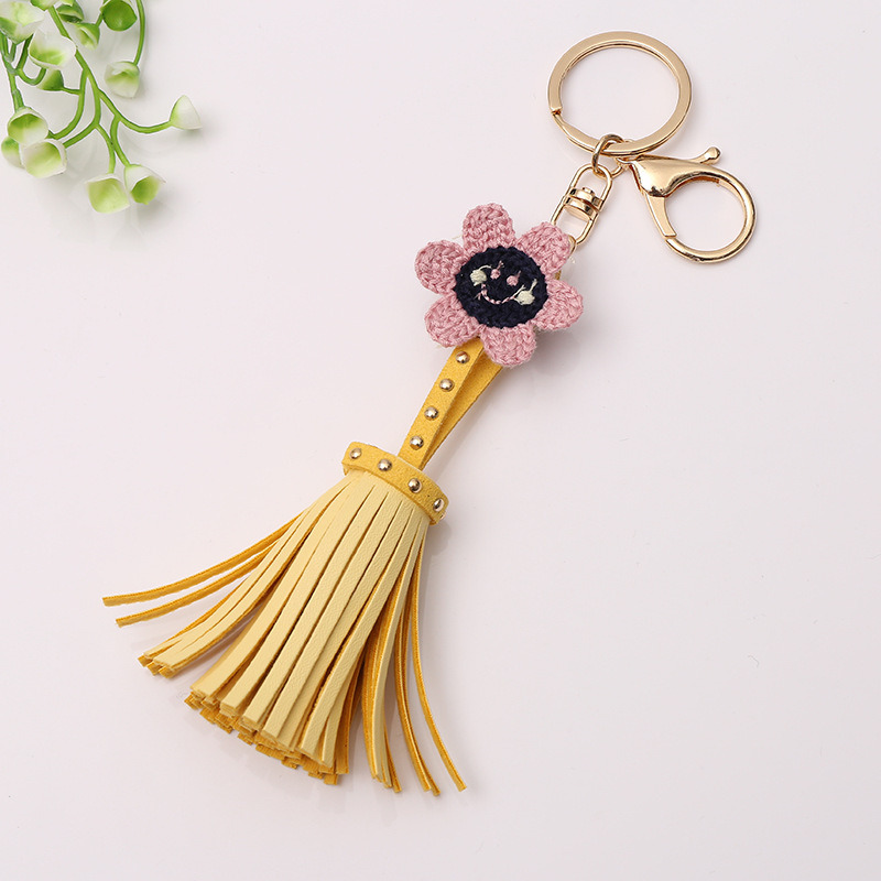 Yellow Tassel Flower Bag Pendant Keychain Leather Tassel Keychain