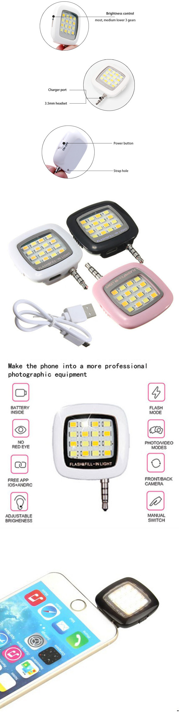 New Universal Mini 16 LED Selfie Flashlight for Phones, Cameras