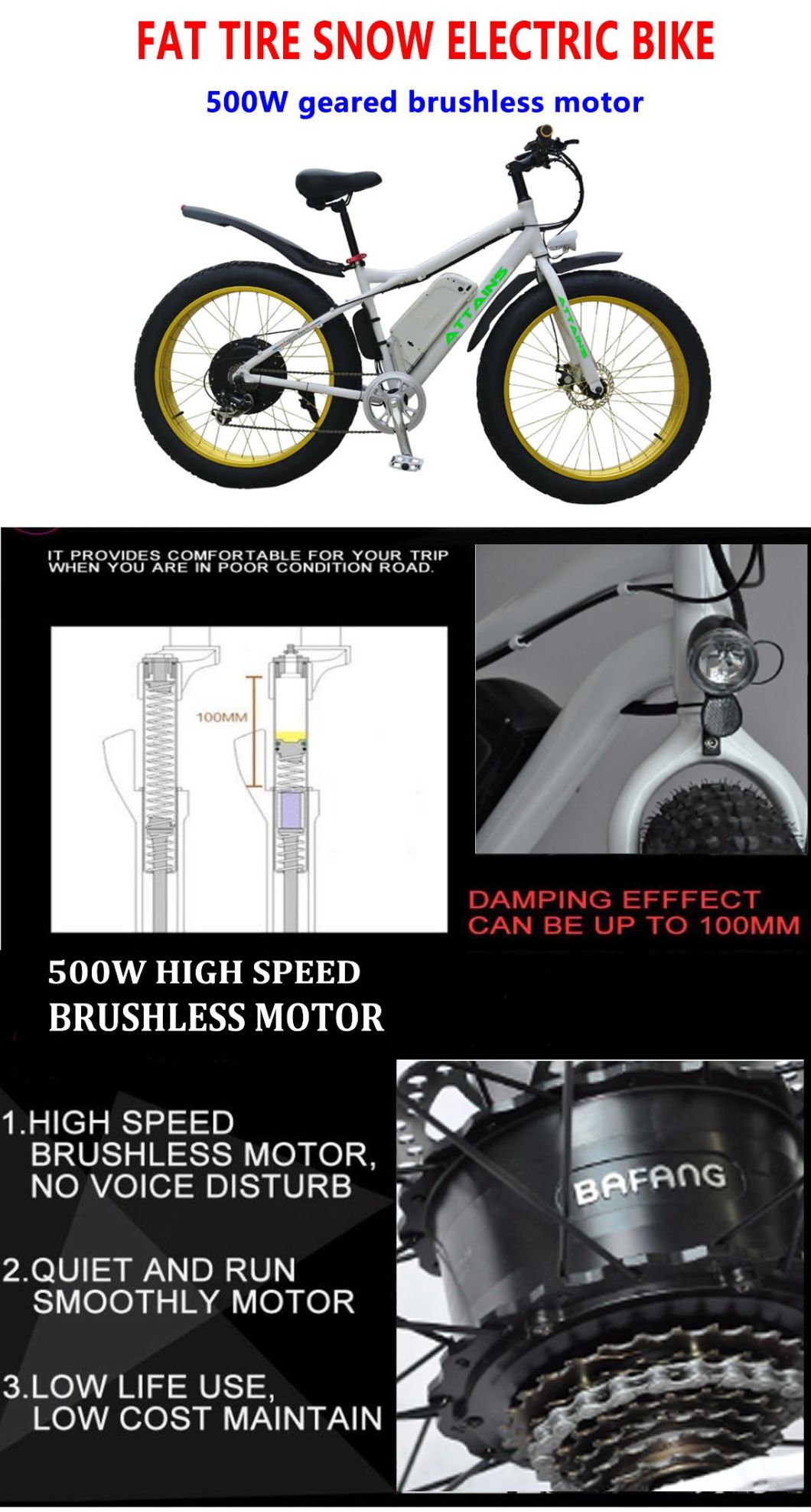 Hot Sale 26inch Powerful Motor Mountain Fat Tire Electric Bike