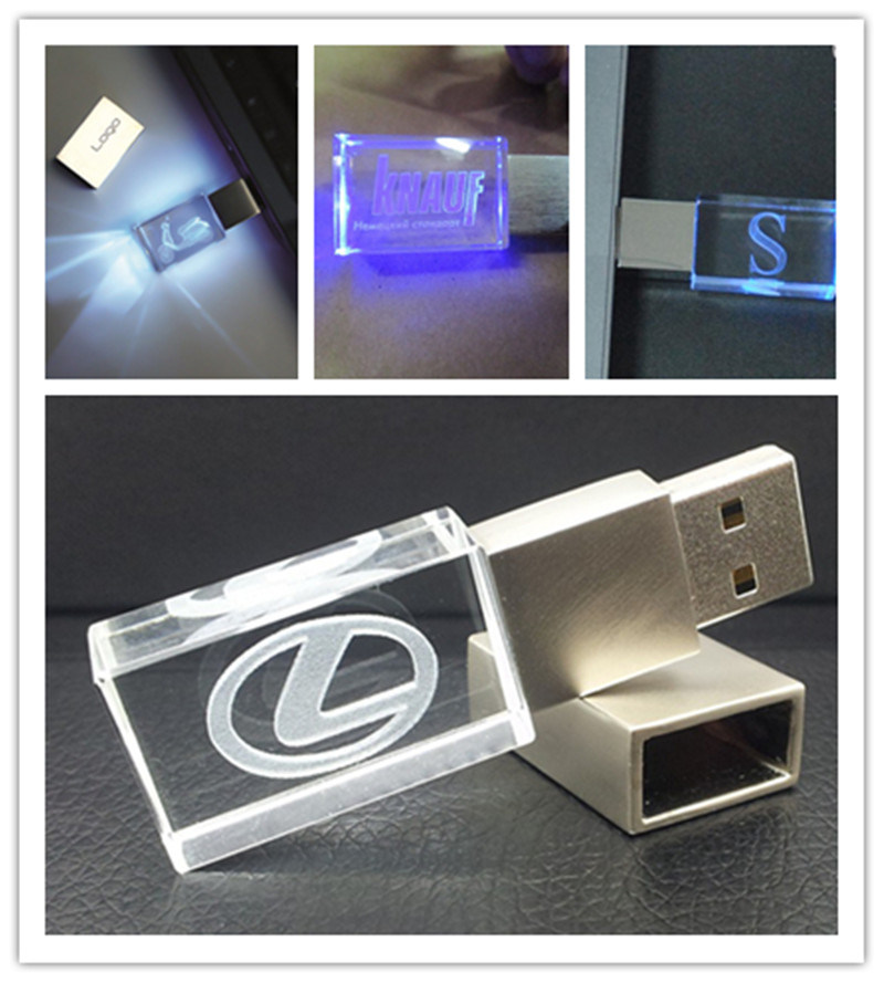 High Quality Custom 3D Logo Rose Gold Crystal USB with LED Light Flash Memory USB Drive 32GB 64GB