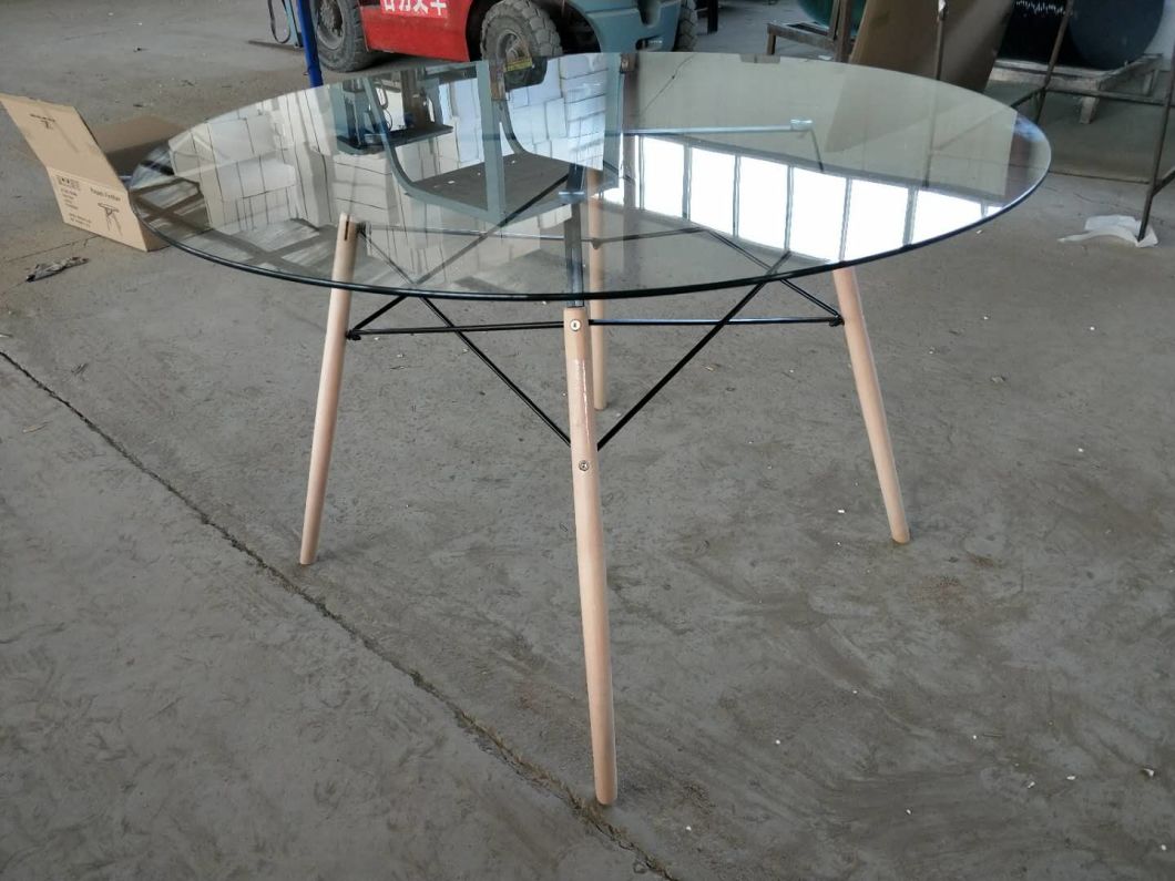 Replica Eames Round 120cm Glass Dining Table - Metal and Beech Wooden Leg