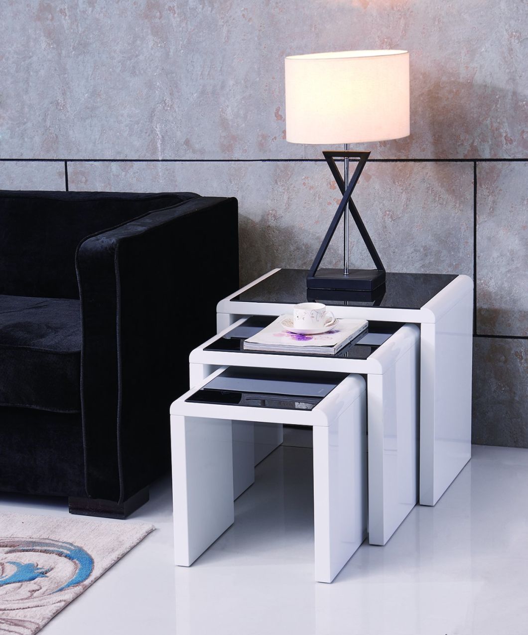 Home Furniture White Nesting Coffee Table/Tea Table/Coffee Side Table with Black Tempered Glass