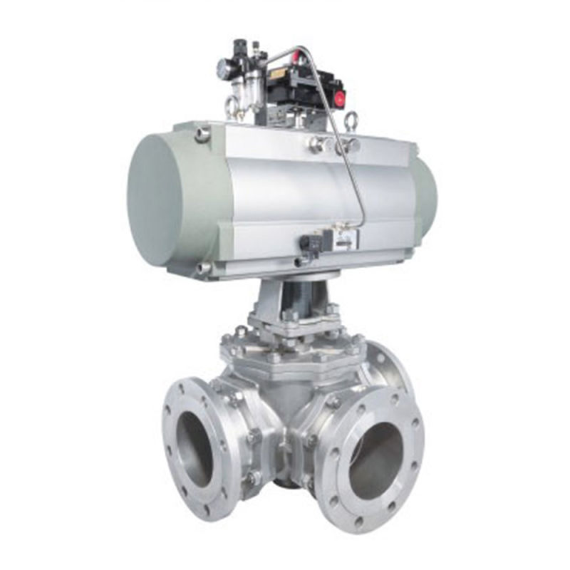 at Pneumatic Actuated Three Way Flanged Stainless Steel Ball Valve