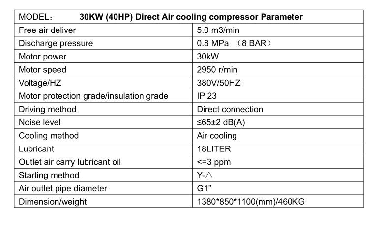 China 8bar to 13bar 30kw 40HP Fixed Speed Direct Driven Rotary Screw Air Compressor