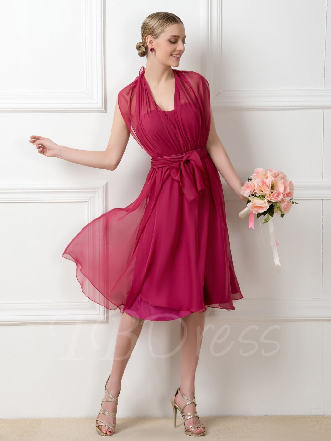 A-Line Tea-Length Convertible Short Burgundy Bridesmaid Dress (Dream-100019)