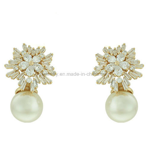 18K Gold Plating Jewelry Snowflake Earrings with Pearl (KE3158)