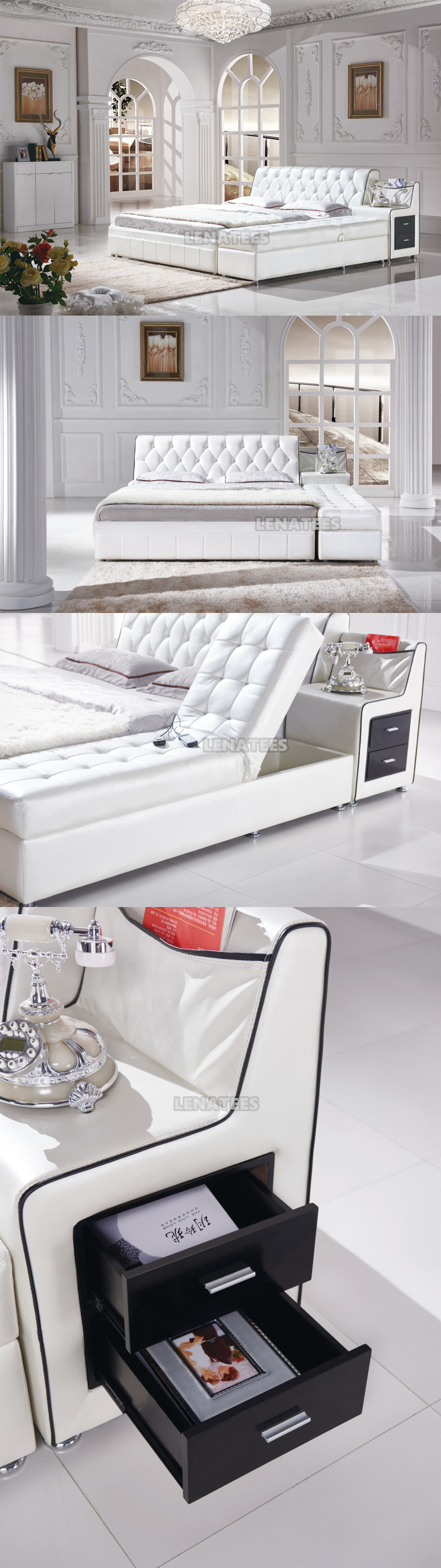 A561 King Size Fancy Design Leather Bed with Bench and Drawers at Side