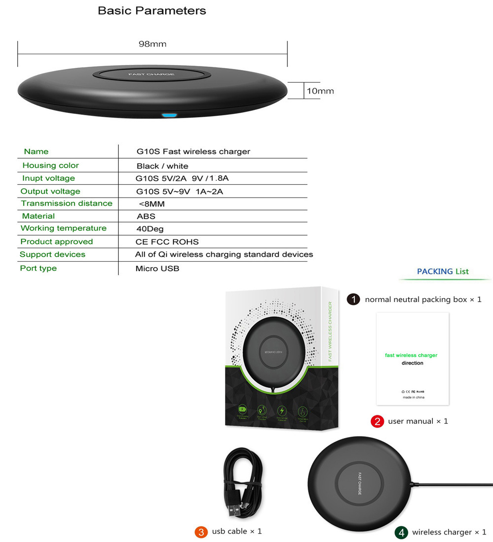 Shenzhen Original Factory Produces and Sales Round Ultrathin 10W Fast Wireless Charger Black Housing, USB Charger Suitable for Samsung, iPhone Series Mobile