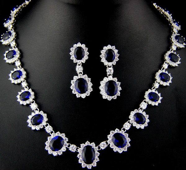 Classic Oval Bridal Jewelry Set Sapphire Blue Wedding Cubic Zirconia Necklace