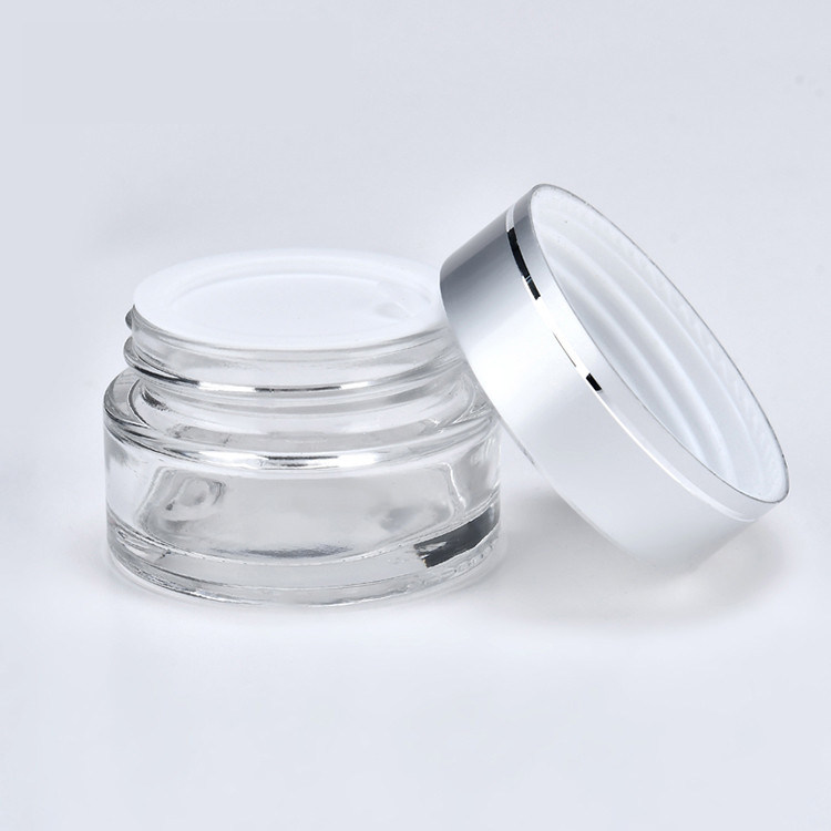 Silver Aluminum Lid Empty Packaging 15g Glass Luxury Cosmetics Beauty Face Cream Jars