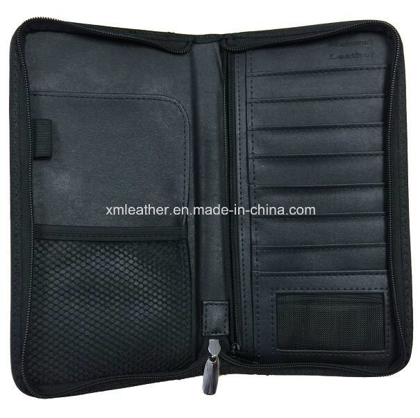 Embossed Black Zip PU Leather Travel Document Wallet for Passport