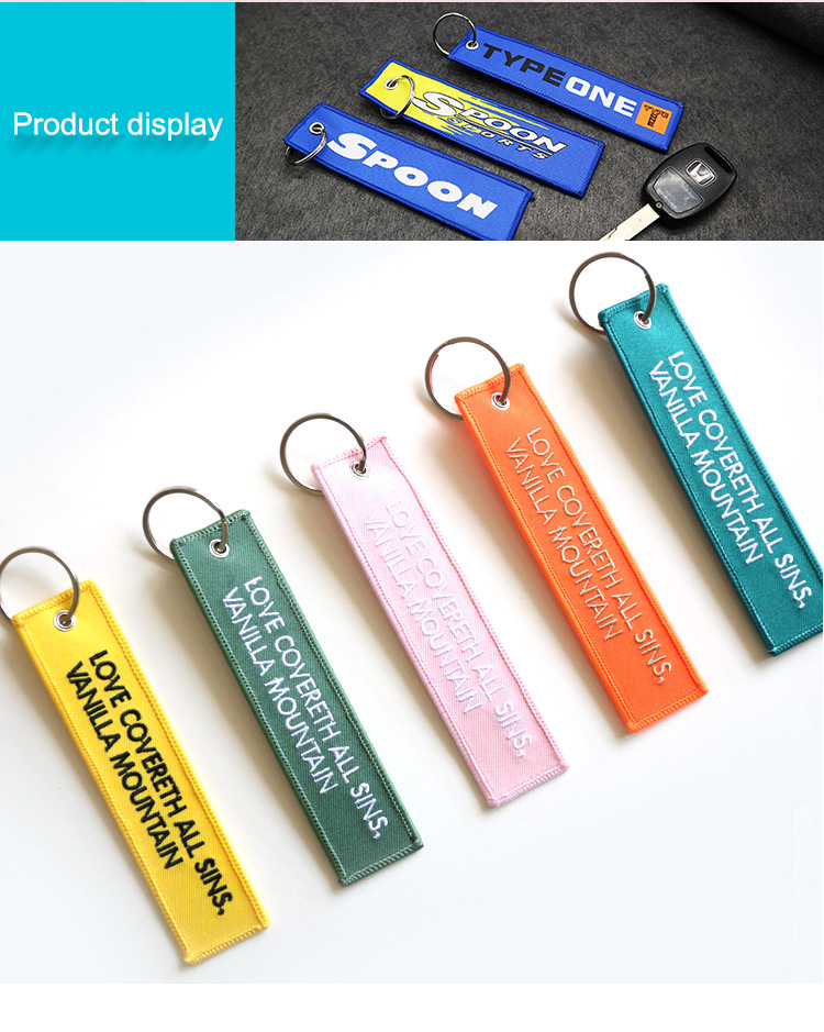 Custom Fashion Embroidery Sublimation Printing Logo Aircraft Woven Keyring Luggage Tags Double Sided Polyester Fabric Textile Twill Remove Embroidered Keychain