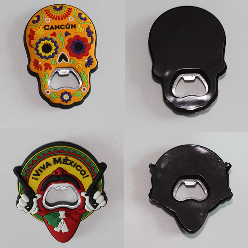 Skull Shape Decorated PVC Fridge Magnets with Bottle Opener Function