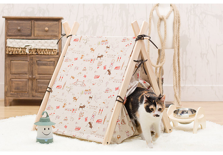Printing Cat Dog Tents Cotton Canvas Pine Wood Pet House