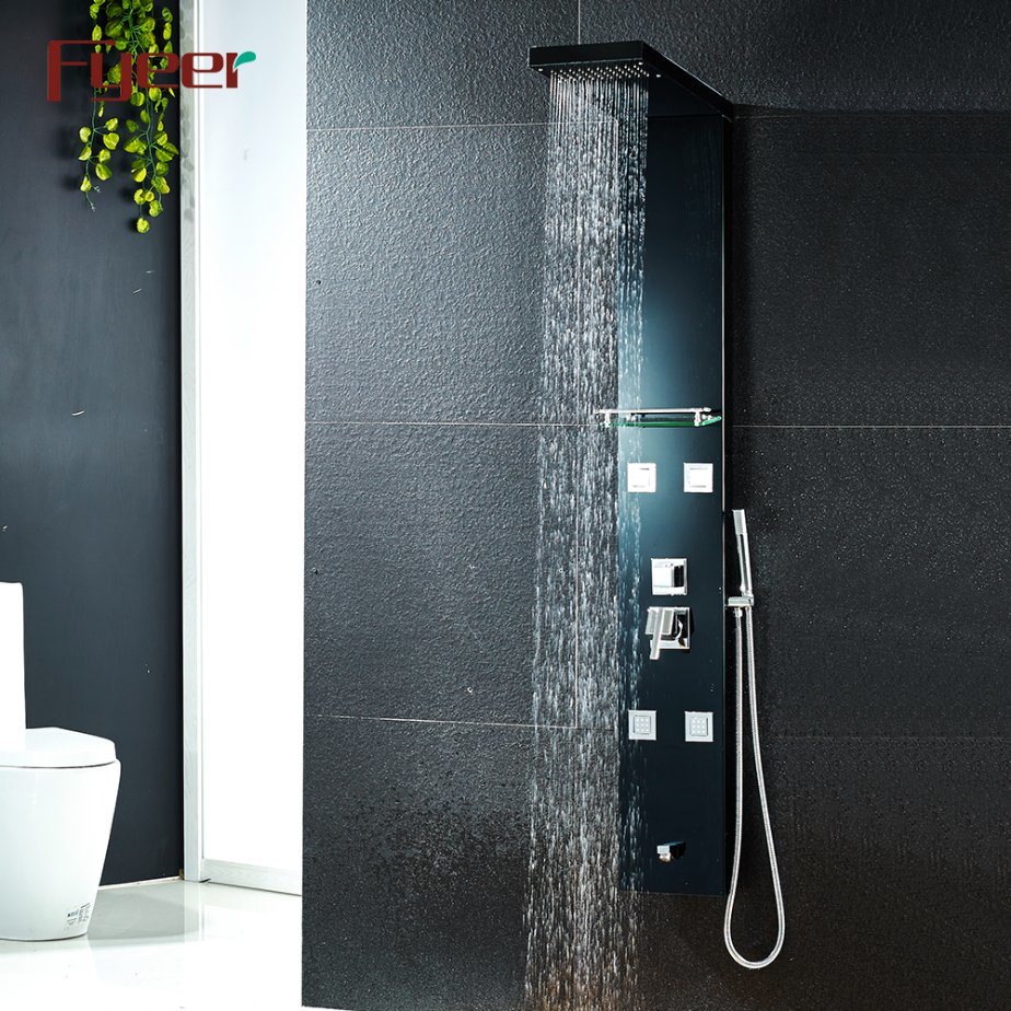 Fyeer 2PCS Black Shower Panel with Masaage Jets and Glass Shelf