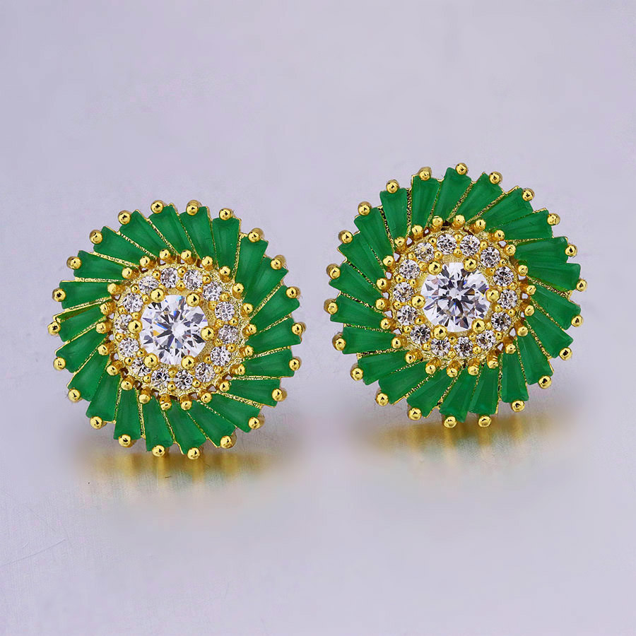 Turquoise Green Gemstone Stud Earring Round Design in Gold