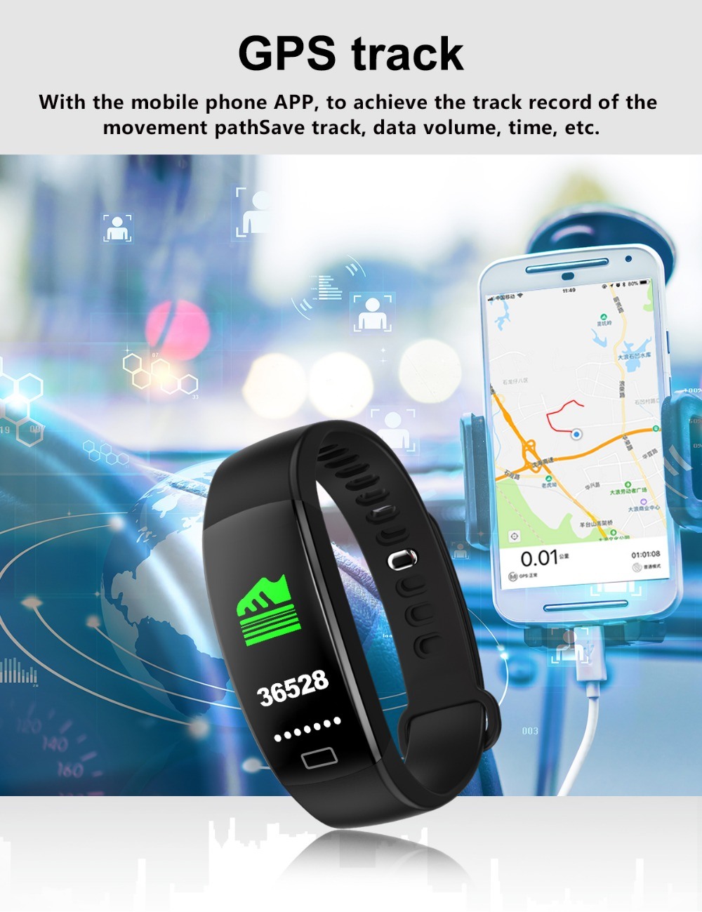Timethinker F64hr Smart Bracelet Bluetooth Smart Wristband Agps Pedometer Fitness Tracker Blood Pressure Hear Rate Monitor IP68