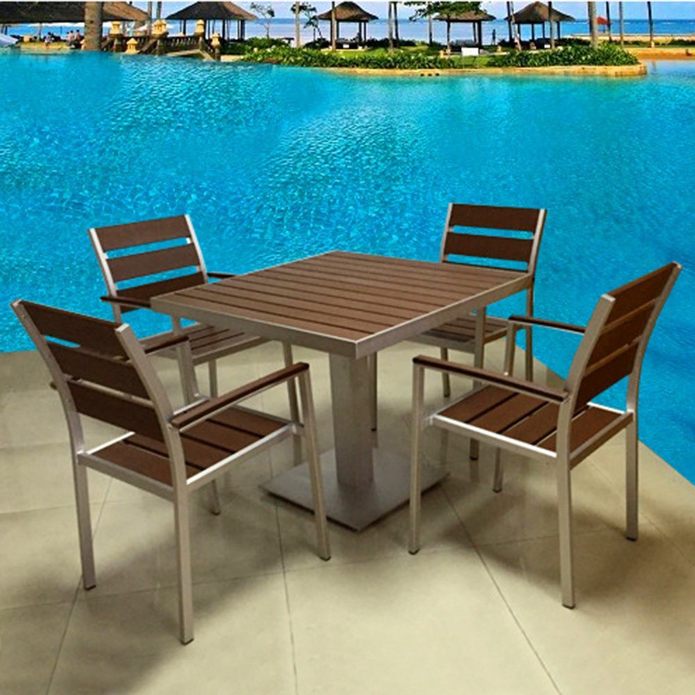 Modern Wooden Patio Balcony Gary Polywood Aluminum Leisure Cafe Bistro Chair Table Set Garden Outdoor Patio Dining Furniture