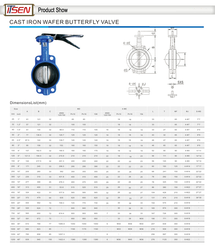 DIN Pn10/16 Cast Iron Wafer Type Center Line Butterfly Valve with Lever / Handle Opreated