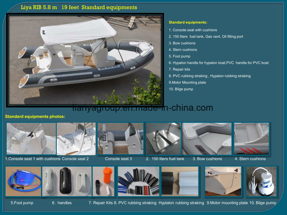 China 19FT Recreational Inflatable Fishing Boat Sport Leisure Rib