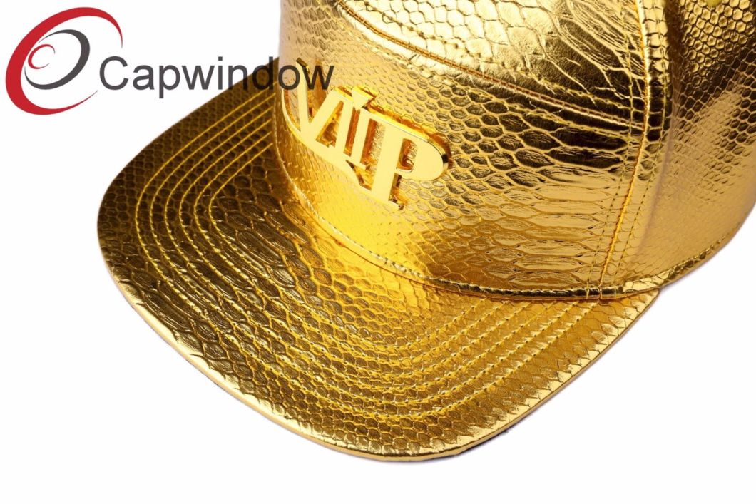 Golden PU Leather Snapback Cap with Metal Patch VIP