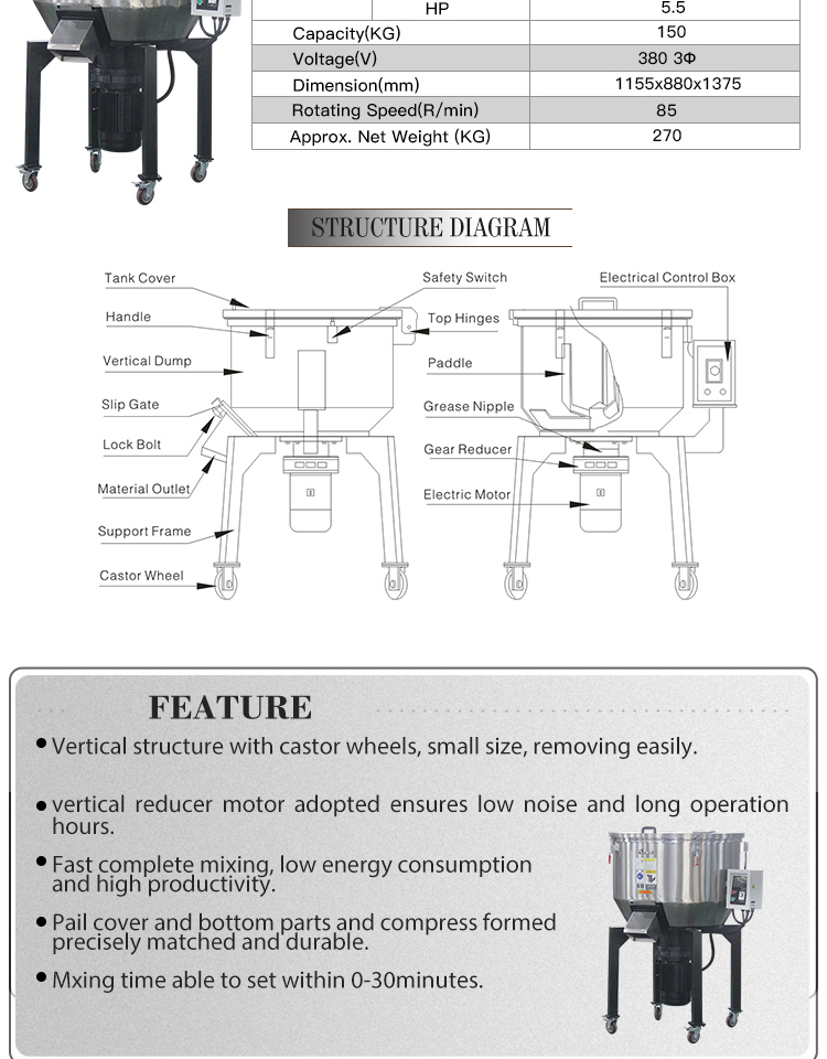 Industrial Plastic 150kg Color Mixer with Ce