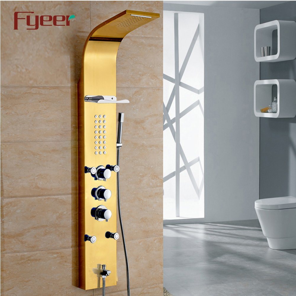 Fyeer Modern Wall Column Stainless Steel Thermostatic Shower Panel with Metal Shelf