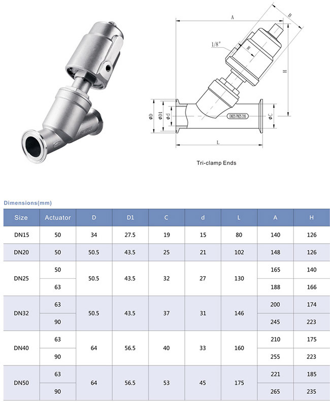 Dn50 Double Action Stainless Steel 316L Clamp Pneumatic Angle Seat Valve