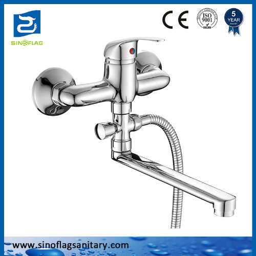 Modern Lavatory Vanity Two Holes Long Spout Wall Mount Bathroom Faucet